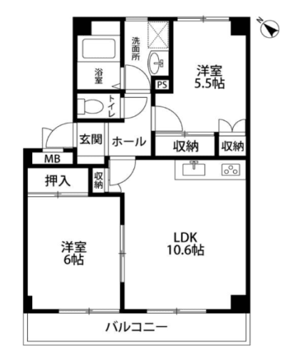 ペルラ103号室の間取り図。2LDK（LDK10.6帖／洋室6帖／洋室5.5帖）、専有面積50.62㎡、南向きバルコニー付き。「猫可」　「猫　不動産」　「猫と幸せに暮らす　賃貸」　「猫　賃貸」　「猫可　賃貸」　「猫可　賃貸　アパート」　「猫と暮らす　賃貸」　「猫可物件」