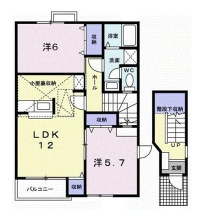 「ミリョーレ203号室の間取り図。猫2匹飼育に十分な62.62平米の2LDK。階段下収納や、猫の遊び場・隠れ家に最適な小屋裏収納（ロフト）を備えた機能的なレイアウト。